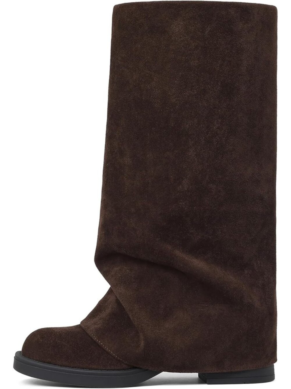 Women's Chocolate Fold Over Wide Calf Pleated Round Toe Chunky Stacked Boots